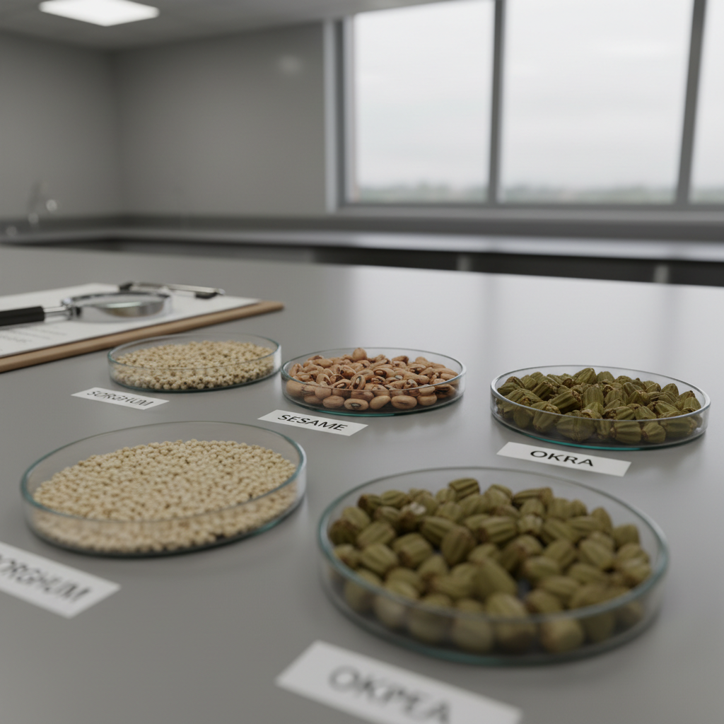 A high-resolution photographic close-up of several varieties of South Sudanese crop seeds—sorghum, sesame, cowpea, and okra—carefully arranged in small, labeled glass dishes on a smooth, neutral laboratory bench. A partially visible clipboard and magnifying lens rest nearby, suggesting detailed documentation and quality control without showing any people. Soft overcast daylight from a large window blends with gentle lab lighting, creating a clean, clinical ambiance with minimal shadows and crisp detail on each seed’s texture. Captured from a slightly elevated, three-quarter angle with shallow depth of field, the composition focuses on the diversity and health of the seeds, reinforcing the seed bank’s role as a precise, professional catalog for local farmers.